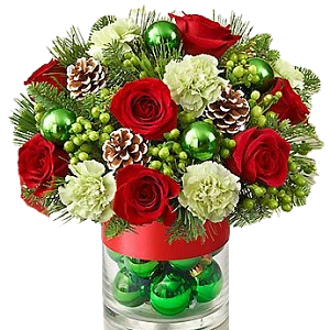 Новогодняя композиция с розами и гвоздиками в зеленых тонах
